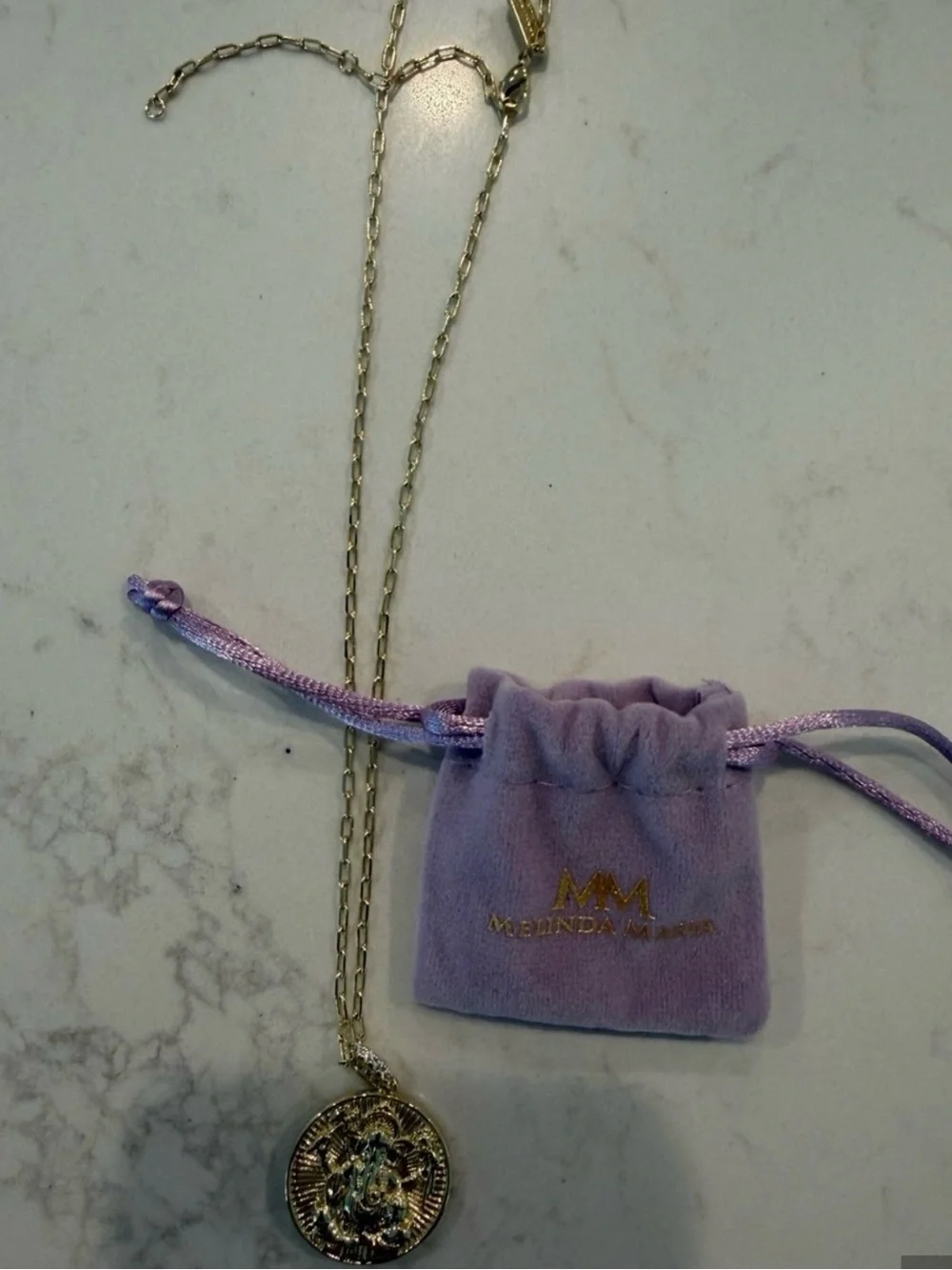 Melinda Maria Gold-Tone Coin Pendant Necklace with Lavender Pouch NEW